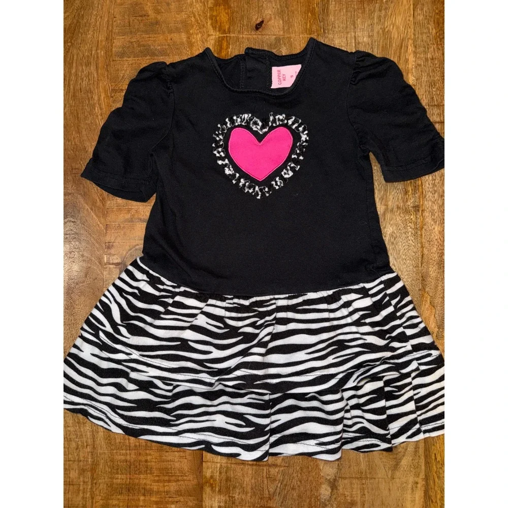 Copper Key Girls Black Pink Heart Zebra Print Ruffle Tiered Dress Size 5